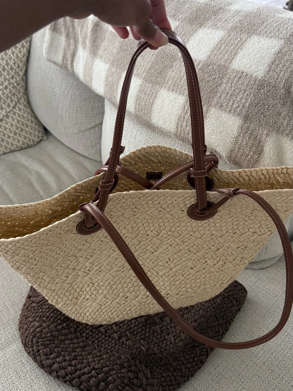 Woven Straw Tote Bag with Brown Leather Handles - Natural / Dark Brown - Picture 3 of 6